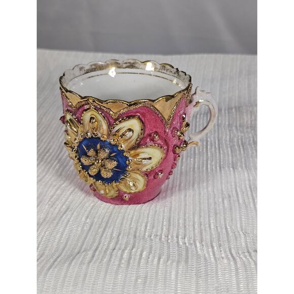 Vintage Ornate Pink & Gold Porcelain Demitasse Cup Hand-Painted Floral Design! - Picture 2 of 10